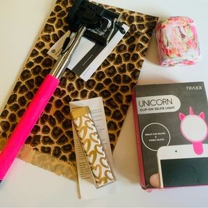 Selfie stick, selfie light, charger, wireless earbuds bundle